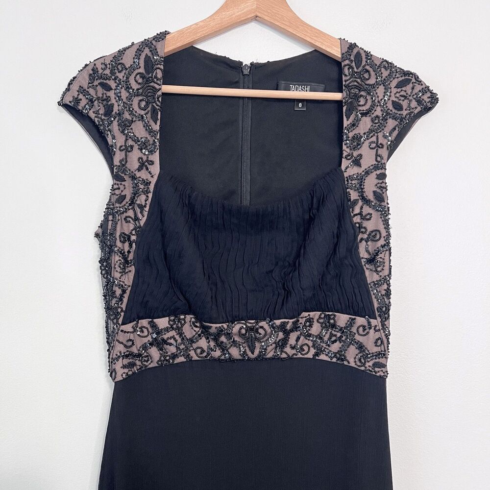 Tadashi Collection Black Nude Beaded Silk Chiffon Evening Maxi Gown Dress Size 8 - Picture 3 of 13